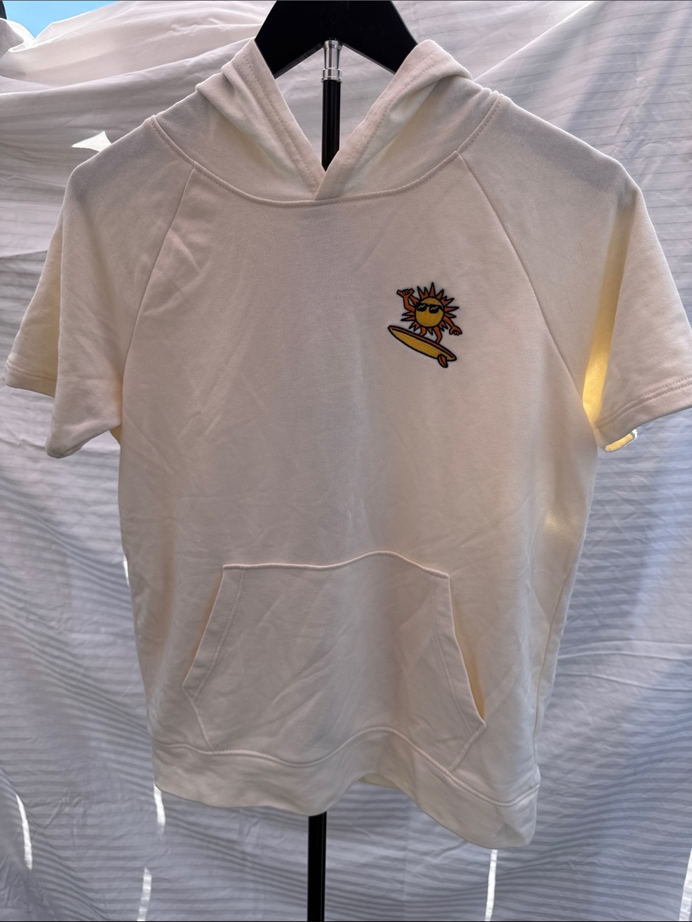 Cream Short Sleeve Hoodie with Surf Sun Patch